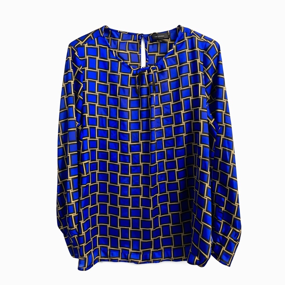 The Limited Geometric Print Long Sleeve Blouse Blue Gold Career Top Size S